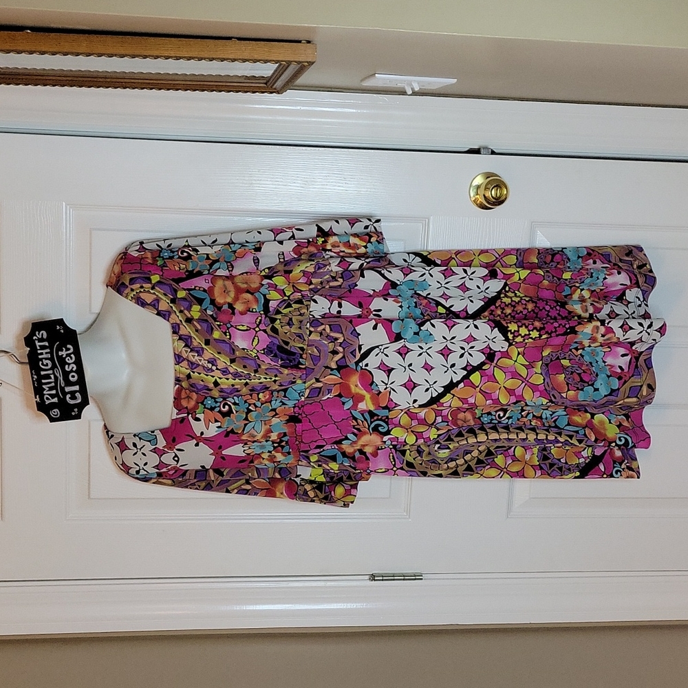 Beige by eci Dress 12 Multi-colored Patchwork Patterned Ruffle 3/4 sleeve